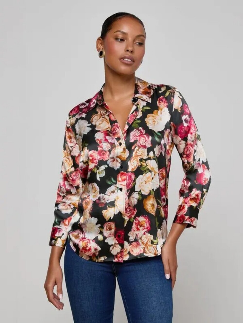 NWT L'AGENCE Dani 100% Silk Floral Dark Romantic Button Up Blouse Top Size Large